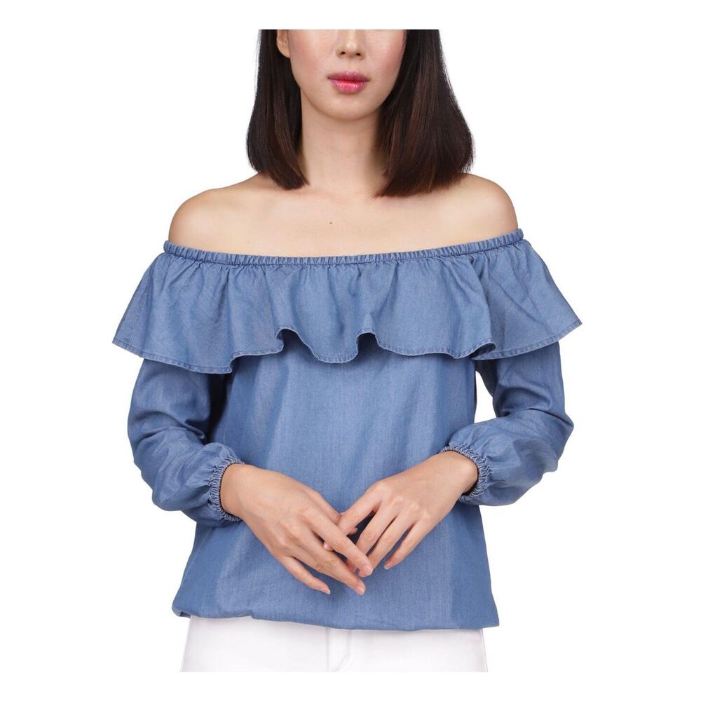 Michael Kors Women Denim Blue Cotton/Rayon Off-The-Shoulder Peasant Top Size XS